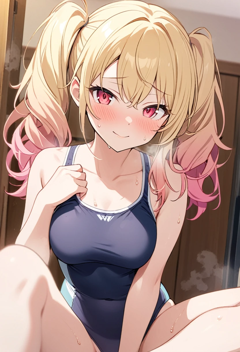 Gradient with pink tips,Blonde,Twin tails up to the shoulders,Red eyes,high school girl,A pleasant looking face,Slightly curled twin tails,nsfw,medium breasts,steam, Side bangs down to the collarbone with curls, With pink gradient tips,full body,top less,close to viewer,open mouth,sari wariza,Navy Blue Skirt,