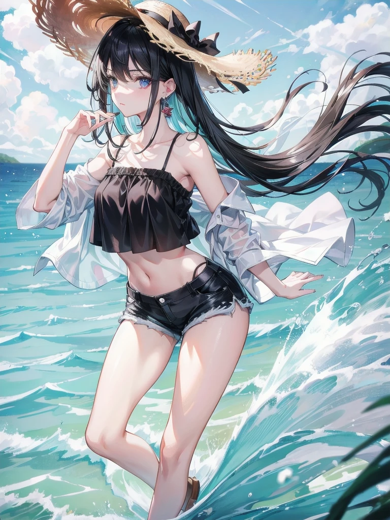 anime girl standing on the beach, ocean in the background, clear sky, beautiful sky, beautiful sunlight, wind, waves, (1girl), long black hair, brown eyes, small breasts, belly button, wearing a black swimsuit, sweating, expressive eyes, amazing scenery, masterpiece, high res, 8k