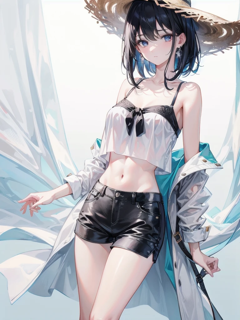 whole body, solo, alone, delicate facial features, medium tits, medium hair, black hair, tearful mole, earring, tank top, Hot Pants,