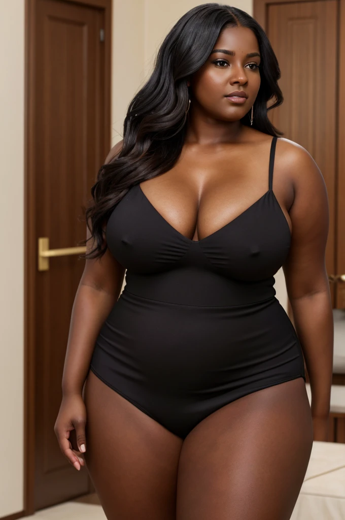 Here is the ultra high-resolution realistic image featuring a dark-skinned woman in her early 30s, chubby and plus-size, with long, flowing hair, exuding a findom persona characterized by luxury, power, and wealth.