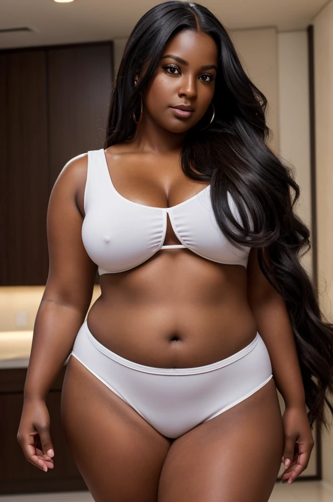 Here is the ultra high-resolution realistic image featuring a dark-skinned woman in her early 30s, chubby and plus-size, with long, flowing hair, exuding a findom persona characterized by luxury, power, and wealth.