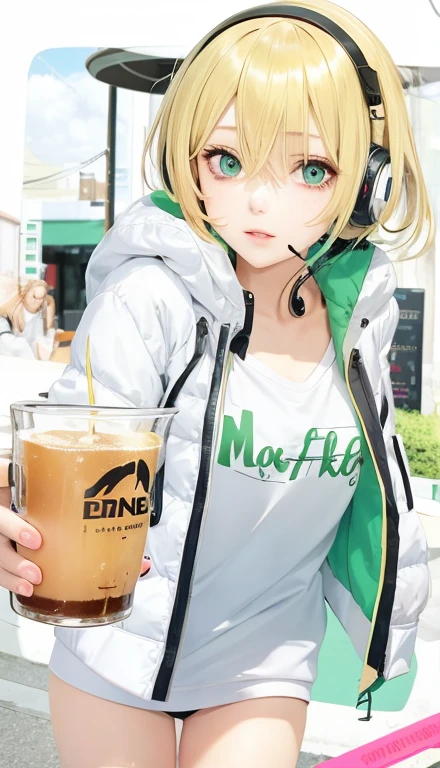 1girl, solo, mature, realistic girl with a cup of coffee and headphones on, anime girl drinks energy drink, bangs, blonde hair, green eyes, detailed face,
best quality, masterpiece, (realistic:0.9)