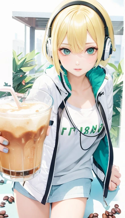 1girl, solo,  mature, realistic girl with a cup of coffee and headphones on,  anime girl drinks energy drink, bangs, blonde hair, green eyes, detailed face,
best quality, masterpiece, (realistic:0.9)