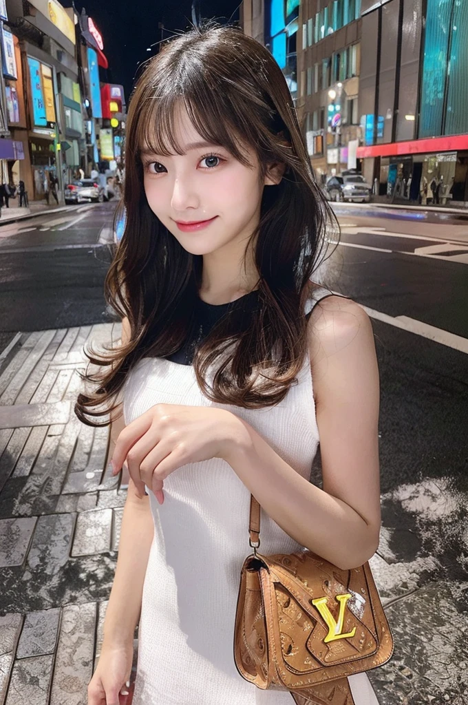 (8K壁紙),(8K),(Highest quality)、(Ultra-high resolution)、(RAW Photos、Cinema Lighting、high resolution、masterpiece),Professional photos,(Realistic, Photorealism),(high resolutionCG統合8K壁紙, Physically Based Rendering),Photorealistic,Beautiful perfectly detailed face,Beautiful perfectly detailed eyes,Beautiful perfectly detailed nose,Beautiful perfectly detailed mouth,Beautifully and perfectly detailed hand,Perfectly detailed fingertips,Beautiful detailed feet,Japanese , 18 year old Japanese girl,Outdoor,Beautiful beautiful thighs, Beautiful detailed hairstyle,Cute Japanese Idols,Perfect Face,Super detailed face,Attention to detail,double eyelid,summer,Cafeteria,Tokyo,Shibuya,Angle from the front,A happy smile,Standing posture,Slim figure,Holding a cell phone on the sidewalk,Holding a Louis Vuitton bag,(Random color dresses),town,street,looking at the camera,I can see your thighs,No makeup,ponytail,