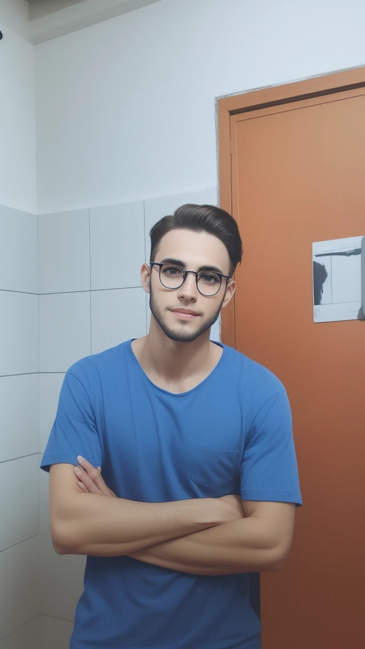 Brunette boy , round glasses , barba , black tee ,