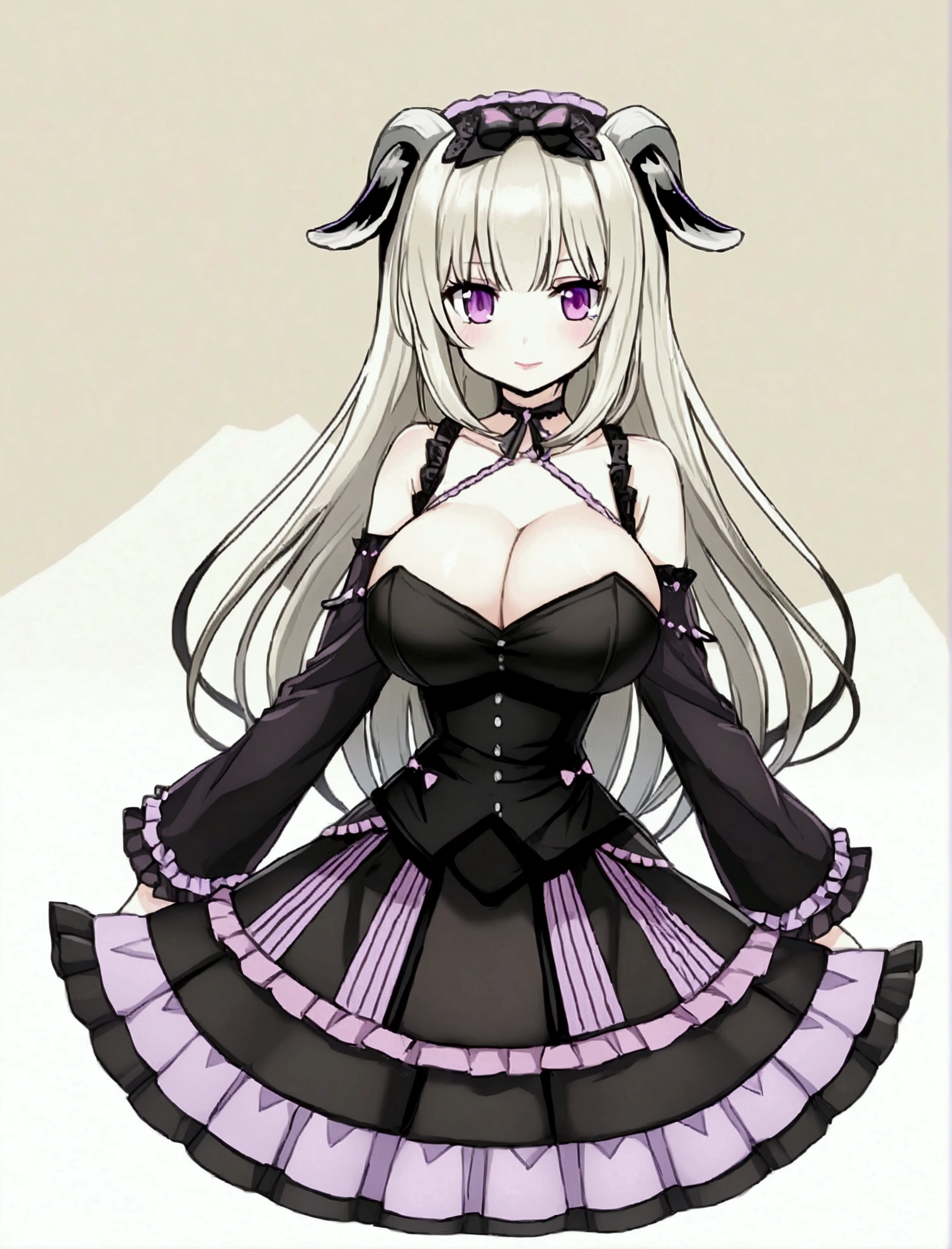 Hot girl, long hair, Golden white hair, purple eyes, Goat ears, big breasts, , ta dress, anime girl, pinkish red lips, Turn Left,Goat Girl,anime girl,small hill