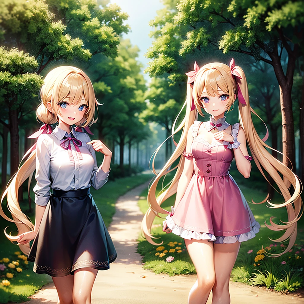 finely detailed beautiful girl, detailed 16k best quality, shiny hair, ultra-detailed beautiful shiny highlight clear eyes focus, Blushing、Blonde、Twin tails、Blue Eyes、laughing、Walking in the forest、Pink ribbon、