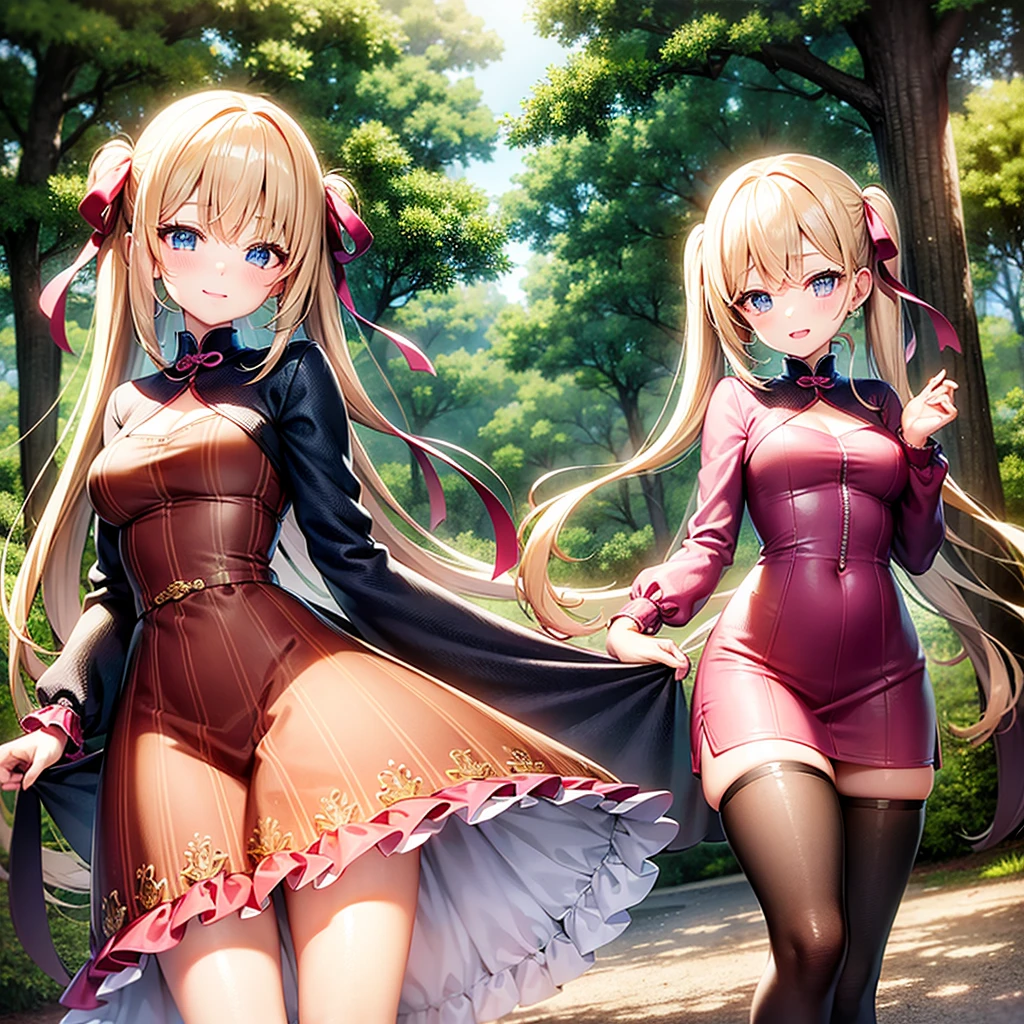 finely detailed beautiful girl, detailed 16k best quality, shiny hair, ultra-detailed beautiful shiny highlight clear eyes focus, Blushing、Blonde、Twin tails、Blue Eyes、laughing、Walking in the forest、Pink ribbon、
