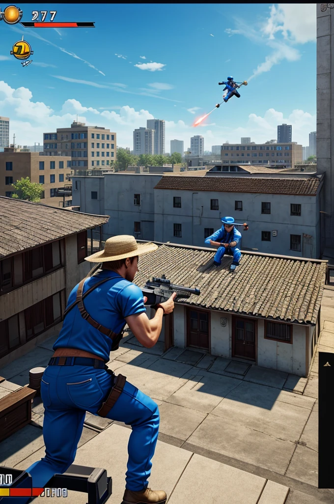 A screenshot from a video game depicting a rooftop shootout between two characters. The character on the left, wearing a blue outfit and hat, is shooting at another character mid-air. The airborne character is wearing a straw hat and seems to be taking a hit, indicated by red damage visuals and splatters. The screen displays game HUD elements such as health bars, weapons, and scores, with a game timer showing 1:06 remaining. The background includes a building with windows and a clear blue sky.