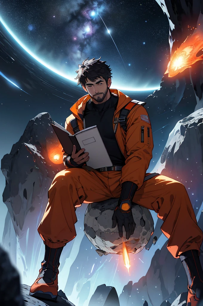 Draw a young programmer, sitting on a research platform floating in the middle of an asteroid belt. He is studying with a notebook, surrounded by several asteroids glowing with fiery auras. Dramatic lighting from distant stars and planets illuminates the scene, casting deep shadows on the suit. The young man looks confident and determined, looking at the vast and mysterious universe with wonder and respect,facial hair, cowboy shot,