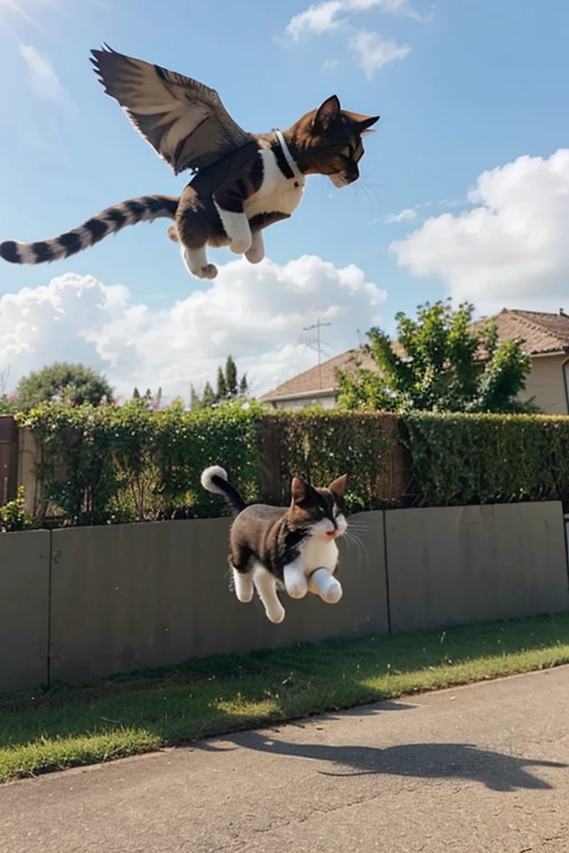 a cat with wings flying to pick up another cat