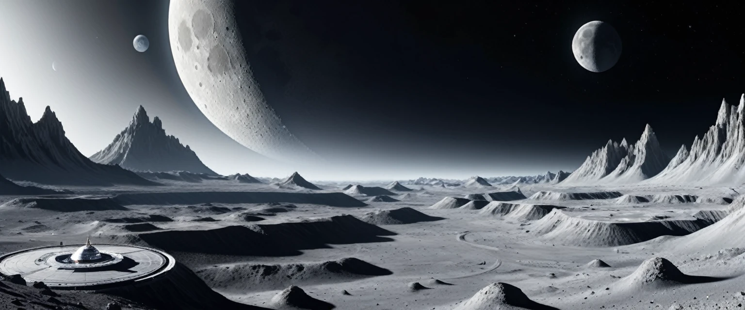 (8k, 16k, highest quality, photorealistic, raw photo, award winning, high resolution, high definition, masterpiece: 1.3) Colonies once built on the moon, ruins on the moon, old colonies, the first colonies built on the moon A decaying white colony that is considered to be the ruins of a future world, a future moon surface, a well-maintained moon surface, a space city, a failure to migrate to the moon, a tourist destination in the future, the earth visible in the distance, and the latest developments near the colony. a spaceship is landing