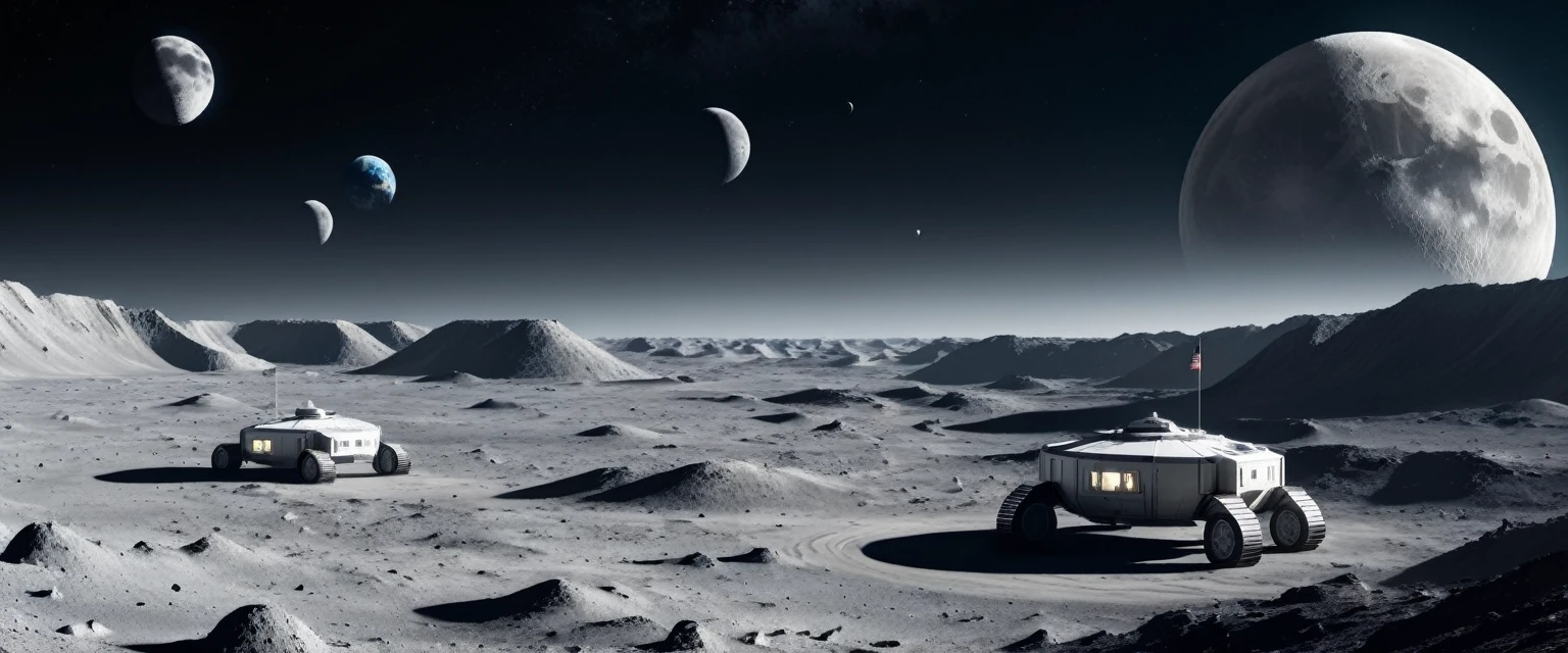 (8k, 16k, highest quality, photorealistic, raw photo, award winning, high resolution, high definition, masterpiece: 1.3) Colonies once built on the moon, ruins on the moon, old colonies, the first colonies built on the moon A decaying white colony that is considered to be the ruins of a future world, a future moon surface, a well-maintained moon surface, a space city, a failure to migrate to the moon, a tourist destination in the future, the earth visible in the distance, and the latest developments near the colony. a spaceship is landing