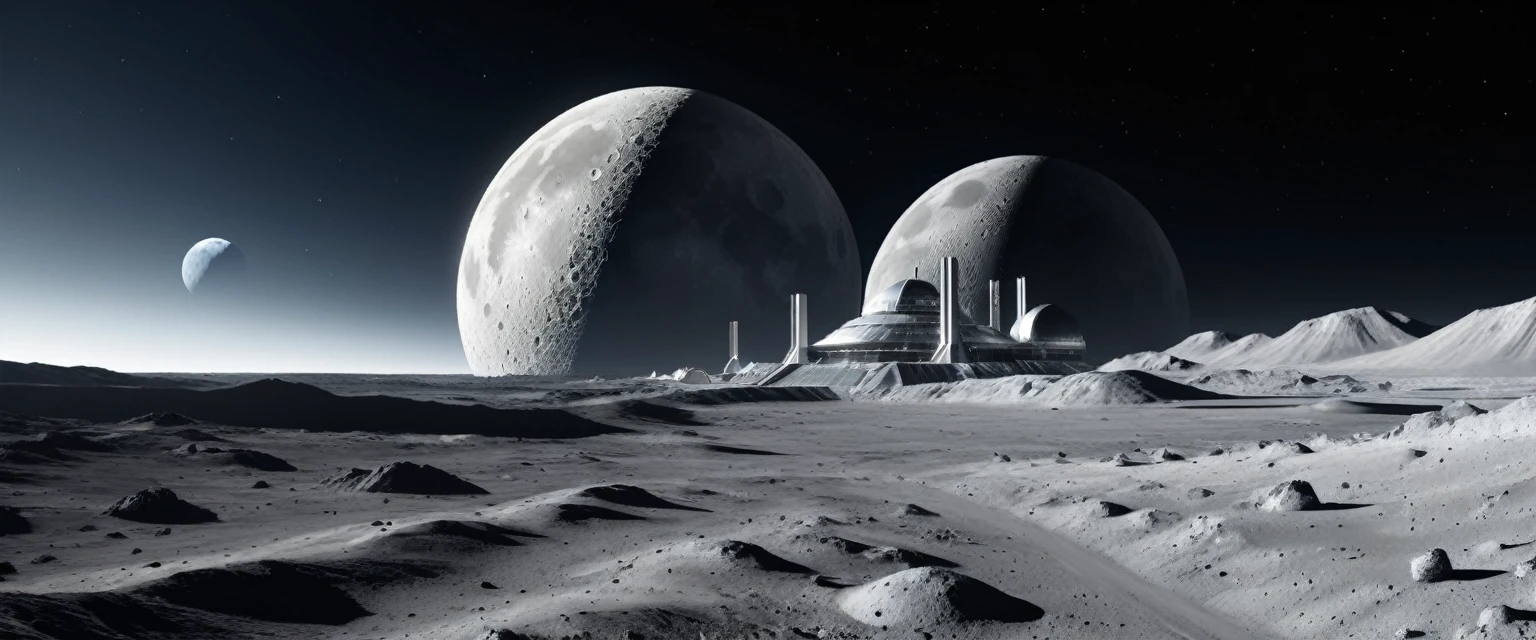 (8k, 16k, highest quality, photorealistic, raw photo, award winning, high resolution, high definition, masterpiece: 1.3) Colonies once built on the moon, ruins on the moon, old colonies, the first colonies built on the moon A decaying white colony that is considered to be the ruins of a future world, a future moon surface, a well-maintained moon surface, a space city, a failure to migrate to the moon, a tourist destination in the future, the earth visible in the distance, and the latest developments near the colony. a spaceship is landing
