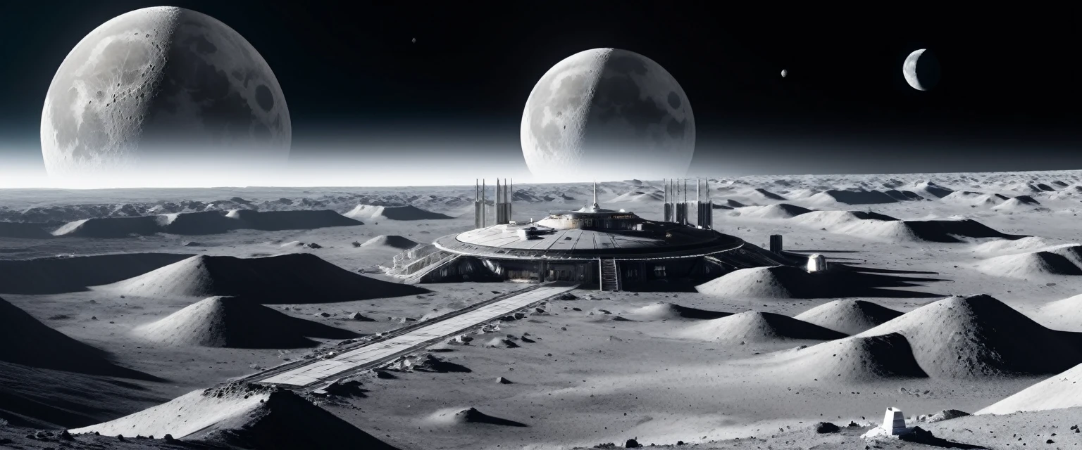 (8k, 16k, highest quality, photorealistic, raw photo, award winning, high resolution, high definition, masterpiece: 1.3) Colonies once built on the moon, ruins on the moon, old colonies, the first colonies built on the moon A decaying white colony that is considered to be the ruins of a future world, a future moon surface, a well-maintained moon surface, a space city, a failure to migrate to the moon, a tourist destination in the future, the earth visible in the distance, and the latest developments near the colony. a spaceship is landing
