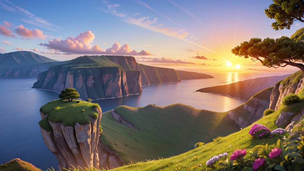 A stunning nature landscape on top of a cliff, overlooking a vast horizon. The sky is painted with the colors of the sunset, with vibrant hues of orange, pink and purple. The sun is partially visible, slowly descending into the horizon, casting a golden glow over the scene. At the top of the cliff, there are green vegetation and colorful wildflowers gently swaying in the wind. No fundo, distant mountains and a serene ocean complete the landscape. The scene is serene, inspiring and full of natural beauty. --With