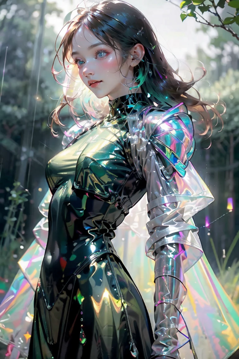 fluorescent color, 1 person, androgynous, transparent iridescent armor, ((masterpiece)), ((dark ambience)), ((deep green forest)), (((fantasy))), rain drops, big clouds, (scenery)