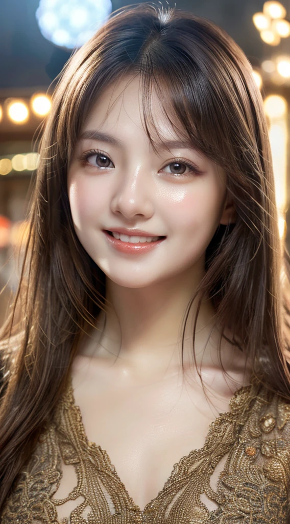 (1girl), Solo, Extremely cute, Amazing face and eyes, (Beautiful lovely smile), (extremely detailed beautiful face), bright shiny lips, (Best Quality:1.4), (Ultra-detailed), (A hyper-realistic, Photorealsitic:1.37), Beautiful fair skin, extremely detailed CG unified 8k wallpaper, RAW Photos, professional photograpy, Cinematic lighting,