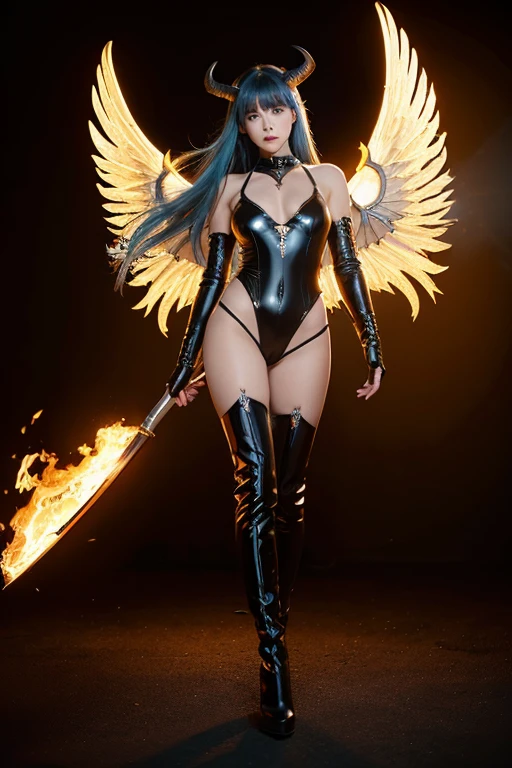 1girl,masterpiece,{{best quality}},breasts,wings,horns,long hair,blue hair,mecha,tail,robot,large breasts,yellow eyes,thighhighs,demon girl,skin tight,boots,thigh gap,floating hair,twintails,gloves,glowing,crossed legs,thigh boots,black footwear,bodysuit,shiny clothes,looking at viewer,full body,bangs,demon tail,demon wings,watson cross,standing,covered navel,glowing eyes,solo,wide hips,high heels,fire,see-through,