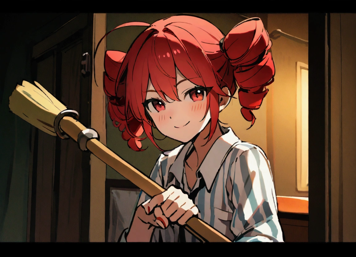 Red hair, smiling, holding broom, in room,enjoy