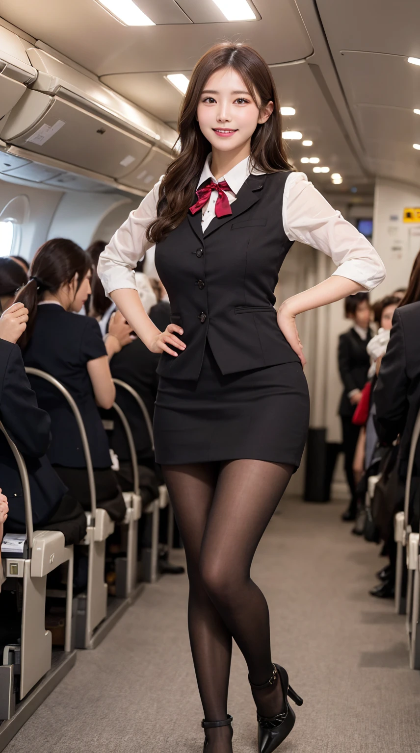 highest quality、8k、best image quality、Award-winning work), two beautiful women、1 women, radiant beautiful skin , masterpiece、top-quality、The ultra -The high-definition、depth of fields、lens flare 、brown hair, watching at viewers glares, large breasts , cabin crew uniform, short skirt, (black high heels), perfect legs, model pose, view from below, smiling , flight cabin, pantyhose