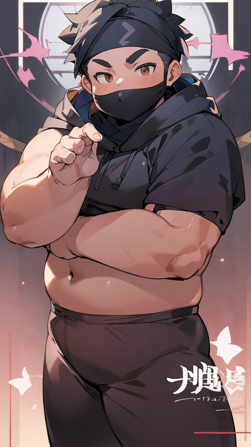 ((androgynous)), beautiful, (pudgy face), (thick),(ikemen), ((boyish)), (handsome), (chubby), belly, muscular, (beefy), ((Ninja)), (cool), ((Wearing a black hood)), ((Only the eyes are visible through the hood)), ((A black bandana covers his mouth)), (Helmet-like hood)