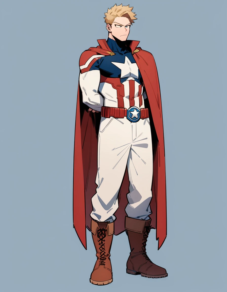 One boy, male focus, brown and blond hair, boku no hero academia, masterpiece, best quality, very aesthetic, red, blue, white super hero suit, cape, boots, captain America like, proportionally anatomical, full body illustration, casual front pose.