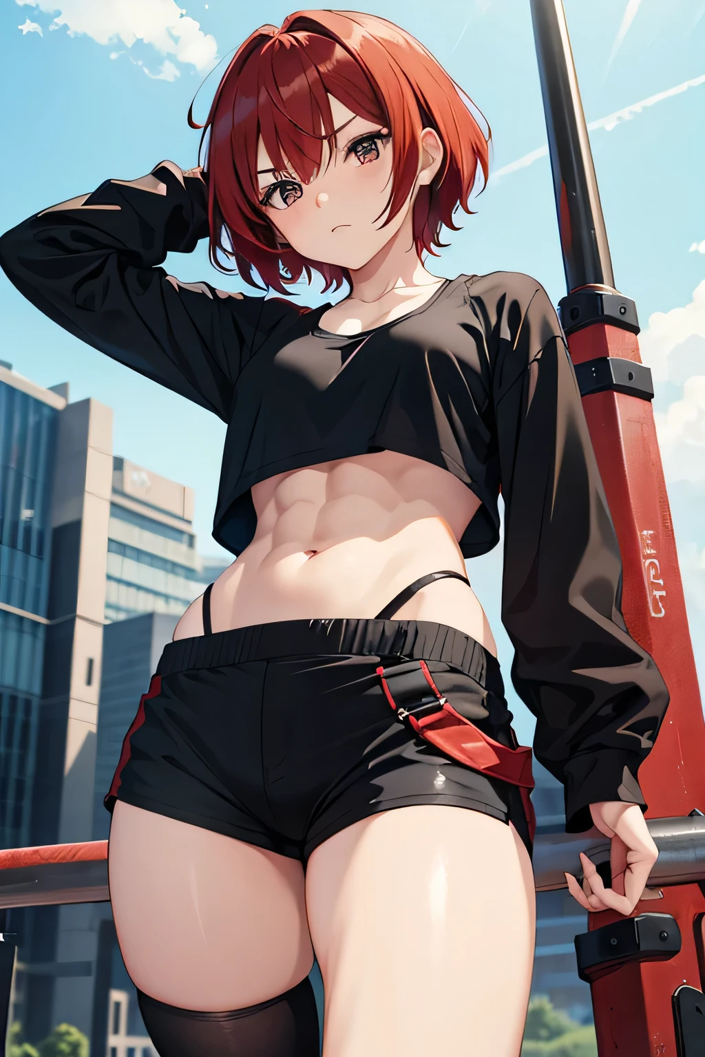 Anime, short red hair, boyish, small breasts, black tank top, belly-baring abs, girl, long sleeves, black tights, shorts, giant hammer as a weapon