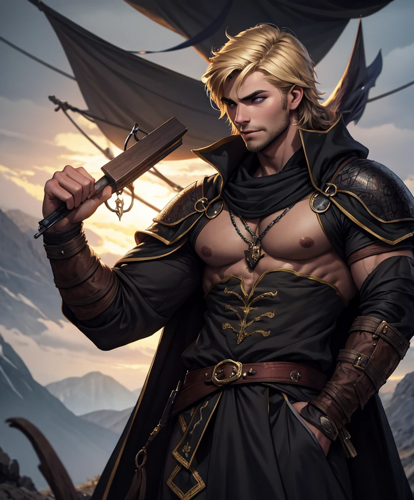 (((Single character image.))) (((1boy))) (((Dressed in medieval fantasy attire.)))  (((Generate a darkly handsome male character for a fantasy setting.))) (((Appears to be 20 years old with youthful looks.))) (((Looks like the ideal vision of a sexy, handsome rugged male.))) Design a handsome, attractive male adventurer for a fantasy setting.  He has strong features and shoulder length blond hair. (((The background to the image is dark and eerie..)))  (((Looks like male fitness model Anton Antipov.))) best quality:1.0,hyperealistic:1.0,photorealistic:1.0,madly detailed CG unity 8k wallpaper:1.0,masterpiece:1.3,madly detailed photo:1.2, hyper-realistic lifelike texture:1.4, picture-perfect:1.0,8k, HQ,best quality:1.0, 