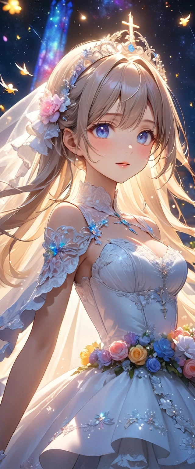 Highest quality, Super quality, 16K, Incredibly absurd, Very detailed, 2.5D, delicate and dynamic, church, Brightly colored stained glass, Small faint lights and flying fireflies, night, Starry Sky, milky way, nebula, shooting star, Flowers, birds, wind and moon, Extremely delicate facial expression, Delicate eye depiction, Upper body close-up, erotic, sole sexy lady, healthy shaped body, 22 years old lady, bride, 170cm tall, huge firm bouncing busts, Colorful tiaras, A long wedding dress with a complex structure, Colorful long wedding dress, frilly see-through long wedding dress, super long cape from head