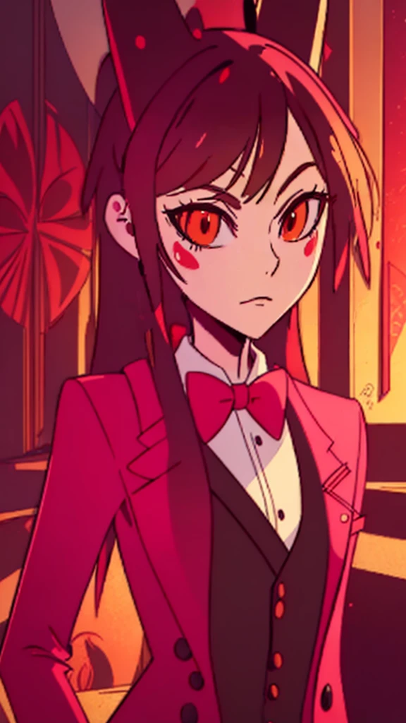  pretty girl, cute face, sparkling eyes, sweet expression, soft smile, looking at viewer, redSuit, White skin, rosy cheek, red ankle-length hair ,eyes with light red sclera, red pupils, red tuxedo-jacket with darker-colored lapels, high-collared white untucked dress-shirt with small black buttons on the upper-front, small black bowtie and black suspenders over her shoulders, dark red dress pants, medium-heeled white saddle shoes, (masterpiece:1.2), (cowboy-shot:1.2), dark romantic lighting, (highly detailed:1.2), (detailed face:1.2), (full-body shot:1.2), (gradients), colorful, detailed eyes, (natural lighting:1.2), (solo:1.2),
