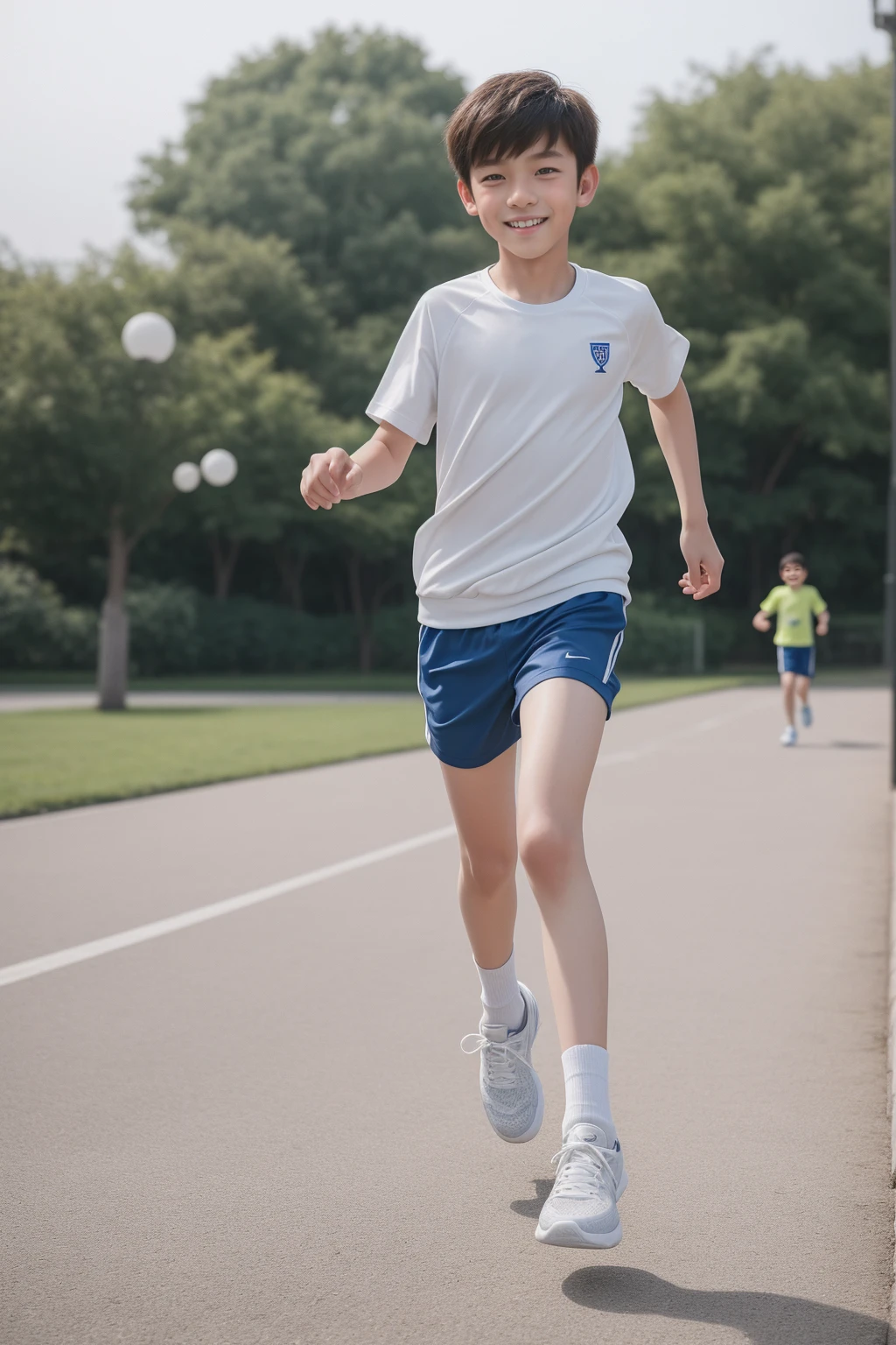 12-year-old boy,Smile,Spread your white and slender legs,jogging,full body,8K五官精致,Handsome boyish feeling,8K,masterpiece,((best quality)),photography,photograph