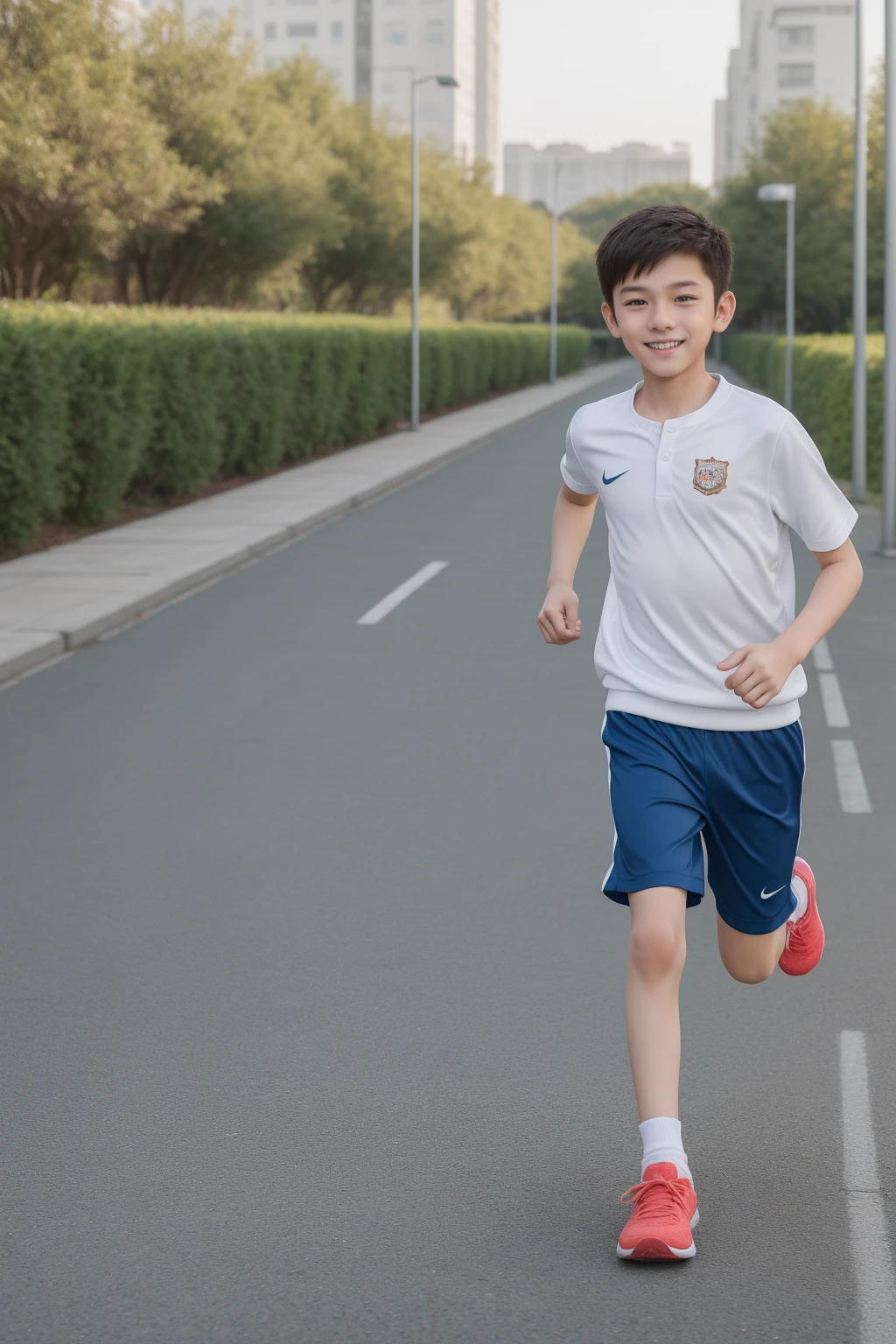 12-year-old boy,Smile，Spread your white and slender legs，jogging，full body，8K五官精致，Handsome boyish feeling，8K，masterpiece,((best quality)),photography,photograph
