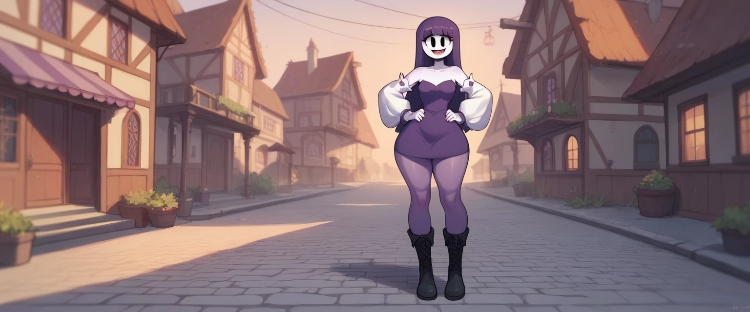 lila (spooky month), 1girl, solo, white skin, long hair, straight hair, purple hair, eyelashes, purple dress, detached sleeves, breasts, purple skirt, purple pantyhose, black boots, full body, standing, hands on hips, looking at viewer, open smile, flat colors, score_9, score_8_up, score_7_up, outdoors, town, highlight thighs, thick thighs 