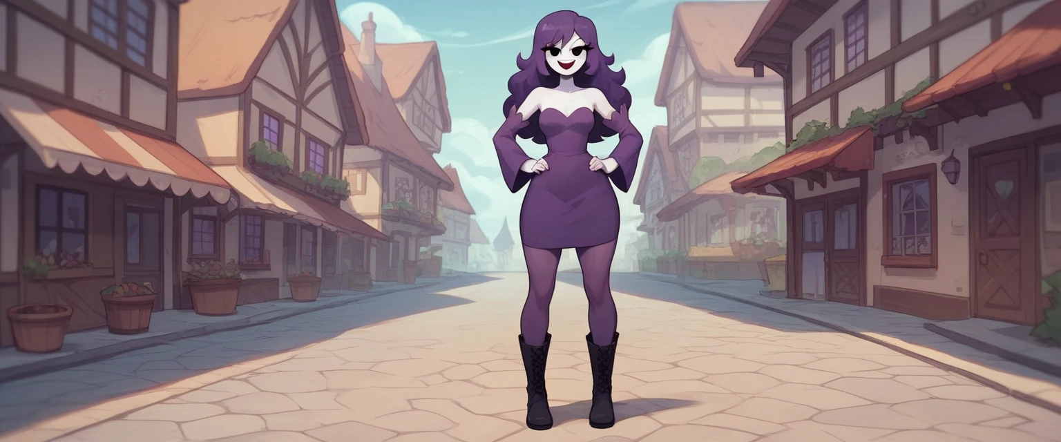 lila (spooky month), 1girl, solo, white skin, long hair, straight hair, purple hair, eyelashes, purple dress, detached sleeves, breasts, purple skirt, purple pantyhose, black boots, full body, standing, hands on hips, looking at viewer, open smile, flat colors, score_9, score_8_up, score_7_up, outdoors, town, highlight thighs, thick thighs 