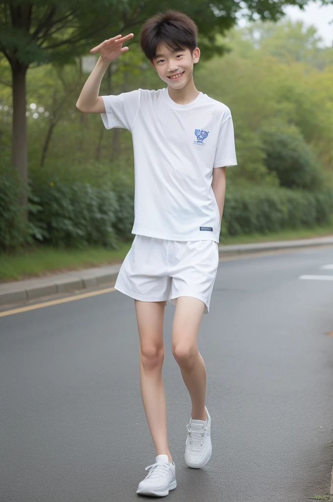 ,Smile,Spread your white and slender legs,jogging,full body,8K五官精致,Handsome boyish feeling,8K,masterpiece,((best quality)),photography,