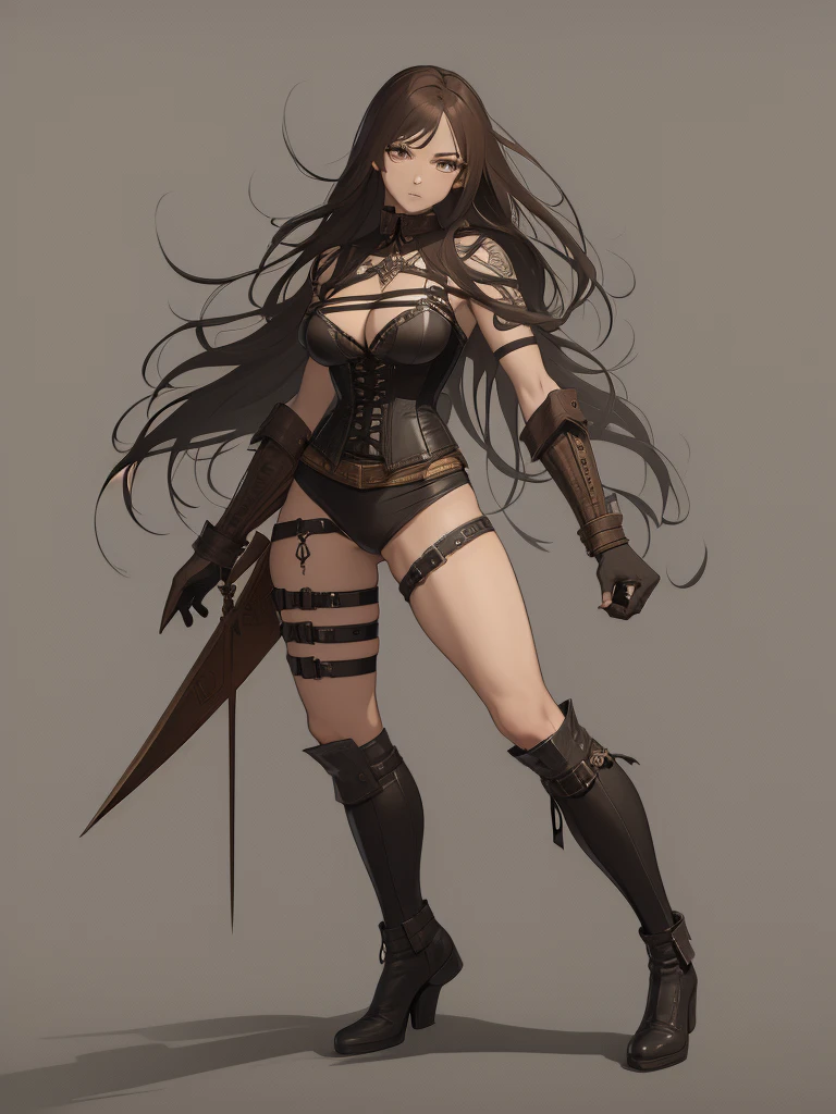 1girl, boots, breasts, brown eyes, brown hair, cleavage, fingerless gloves, full body, gloves, highleg, looking at viewer, midriff, navel, panties, shorts, simple background, smile, solo, standing, thigh strap, underwear