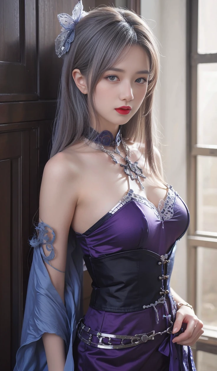 best quality, tmasterpiece,Ultra-high resolution,Clear face,(Reality:1.4),ferpect lighting,(upper body shot), (photorealistic:1.50), anime wallpaper, Guviz style artwork, cover-up fantasy up to magic , by Yang J, Guviz, beautiful artwork illustration, beautiful digital artwork, beautiful digital illustration, Li Song, beautiful anime portrait, art style in Beauvot, Lips wear thick red lipstick,