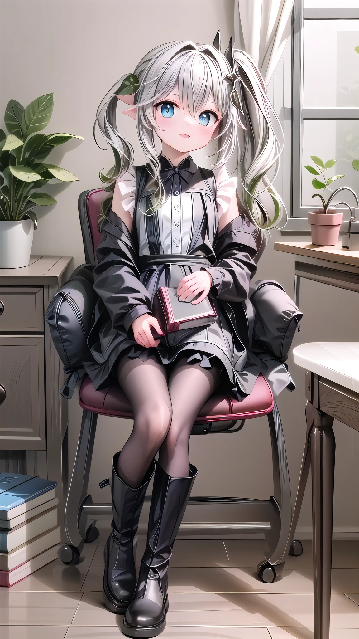 (best quality),(masterpiece),Dynamic Angle,(Extremely detailed illustrations),(Extremely detailed CG unity 8k wallpaper),Astonishing,Depth of Field,(Very detailed),((Extremely delicate and beautiful)),((1 Girl)),((Extremely detailed eyes and face)),Nahidadev,Bangs,  Black Legwear, blue eyes, blush, Book, Book stack, Bookshelf, cactus, Chair, Shut up, Cross your legs, cup, curtain, table, Eyebrows visible through hair, foot, flower, flower pot, Hair between the eyes, indoors, Long hair, Long sleeve, Looking at the audience, No shoes, on Chair, Pantyhose, picture \(Purpose\), picture frame, plant, potted plant, shirt, sit, skirt, Smile, Solitary, table, thighband Pantyhose, flower瓶, white shirt, window, wooden tablebest quality，（Kawaii：1.1），（charming），（high resolution：1.2），Incredibly ridiculous resources：1.3，Incredibly beautiful illustrations，Charming woman ，Maid costume