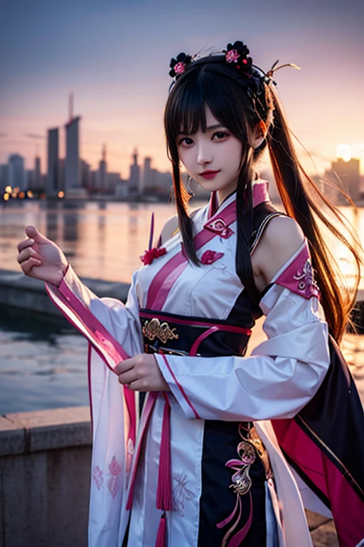 girl, with tradition chinese cloth adapt with cyber punk style , flying, pink tone