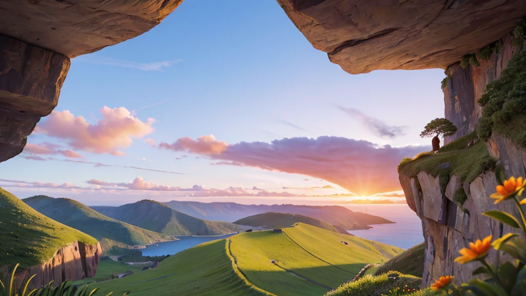 A stunning nature landscape on top of a cliff, overlooking a vast horizon. The sky is painted with the colors of the sunset, with vibrant hues of orange, pink and purple. The sun is partially visible, slowly descending into the horizon, casting a golden glow over the scene. At the top of the cliff, there are green vegetation and colorful wildflowers gently swaying in the wind. No fundo, distant mountains and a serene ocean complete the landscape. The scene is serene, inspiring and full of natural beauty. --With 