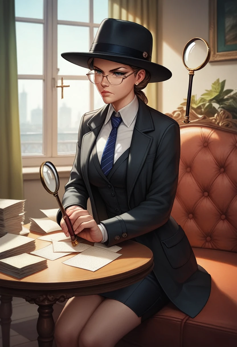 masterpiece, best quality, 8k,1 girl ( black trench coat, suit, skirt, fedora, glasses, cross-legged, sitting on sofa, necktie, right hand hold magnifier:1.2, serious), ( table, papers on table ), window, ofice background,