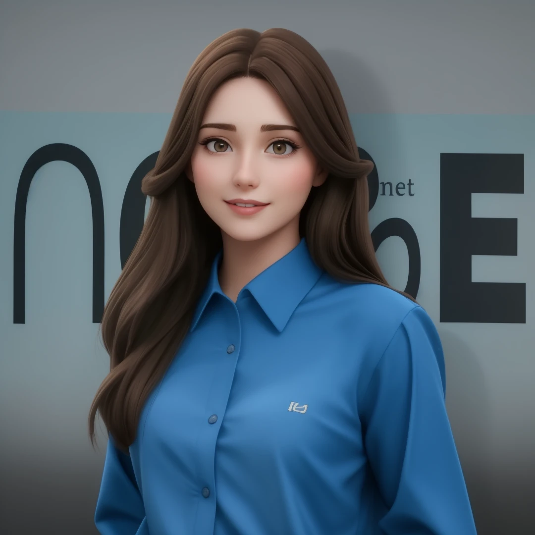 a beautiful woman of 25, with long brown hair,it's e of diamonds, strict look, and blue eyes, Wearing blue shirt with tie and glasses.