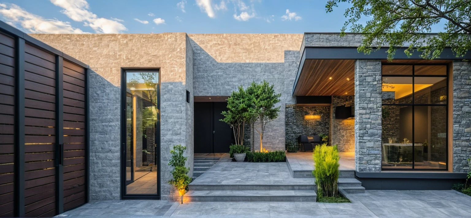 Masterpiece, high quality, best quality, surreal photo, super detailed, outdoor, villa, aiaigroup, modern townhouse style, swimming pool in front, accent wall Gray stone on the side right, road, sidewalk, grass, trees, sky, clouds (daylight: 1.1)