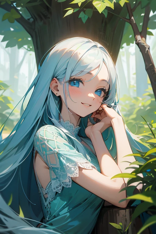 (masterpiece: 1.2, Highest quality), (Actual Photos, Intricate details), 1. woman, alone, Upper Body, casual, Shoulder-length hair, Minimal makeup, Natural materials, Face close-up, smile, Home, Long white hair、blue eyes, Shoulder Bare、Smiling with teeth showing、((Green lace dress))、((blue eyes))、Save a face image、((Stick your butt out))、(look up)、