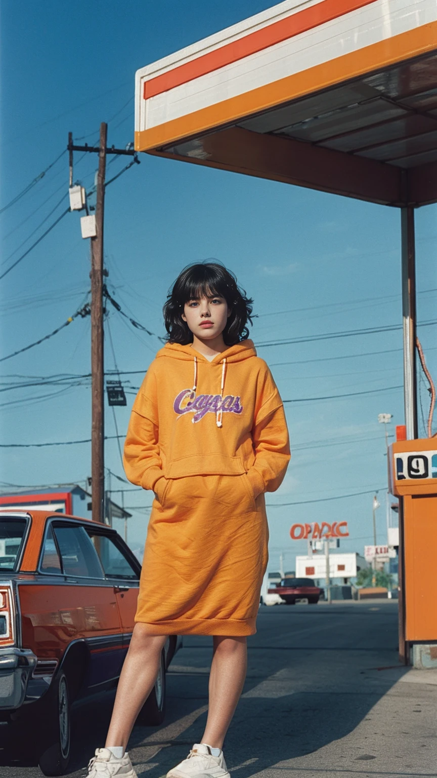 (medium long shot portrait) of cute 23 yo girl ,wear ((orange color oversized_hoodie)), wear ((purple tennis skirt)),looking front,Best Quality,Masterpiece,Ultra High Resolution,(Realisticity:1.4),Original Photo, 1Girl, light leak,ultra high resolution,UHD,beautiful, (black straight hair), almond eye, no makeup, in front of ((80's los angles colorful gas station)), (realistic:1.2), (surreal:1.3), (very detailed:1.1), ((masterpiece)),summer, blue sky, palm trees,sunny, los angles vibes,film camera, 800mm lens,style of Philip Lorca diCorcia