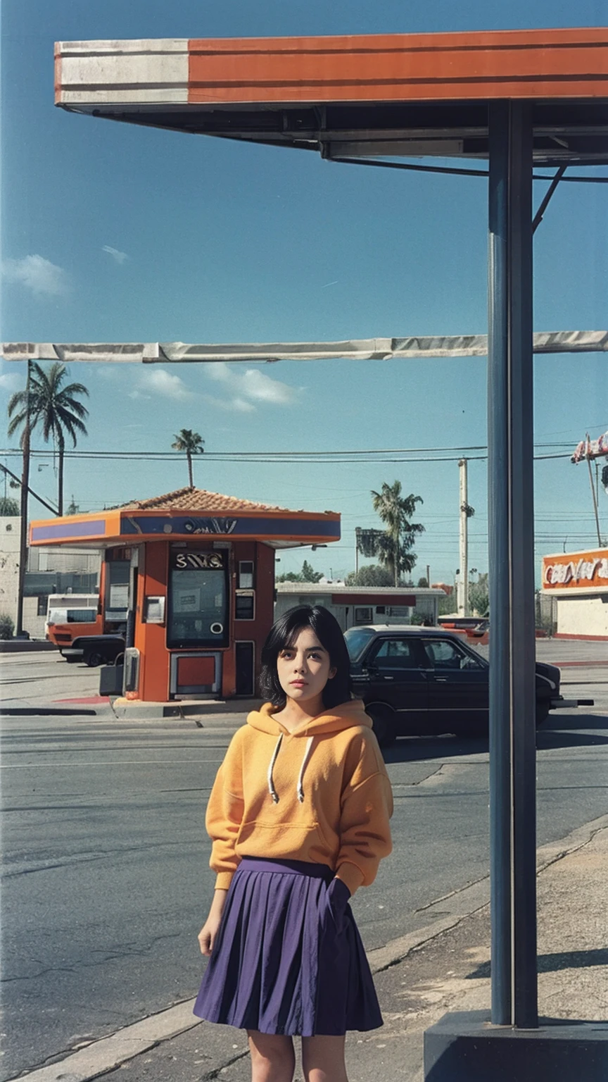 (medium long shot portrait) of cute 23 yo girl ,wear ((orange color oversized_hoodie)), wear ((purple tennis skirt)),looking front,Best Quality,Masterpiece,Ultra High Resolution,(Realisticity:1.4),Original Photo, 1Girl, light leak,ultra high resolution,UHD,beautiful, (black straight hair), almond eye, no makeup, in front of ((80's los angles colorful gas station)), (realistic:1.2), (surreal:1.3), (very detailed:1.1), ((masterpiece)),summer, blue sky, palm trees,sunny, los angles vibes,film camera, 800mm lens,style of Philip Lorca diCorcia