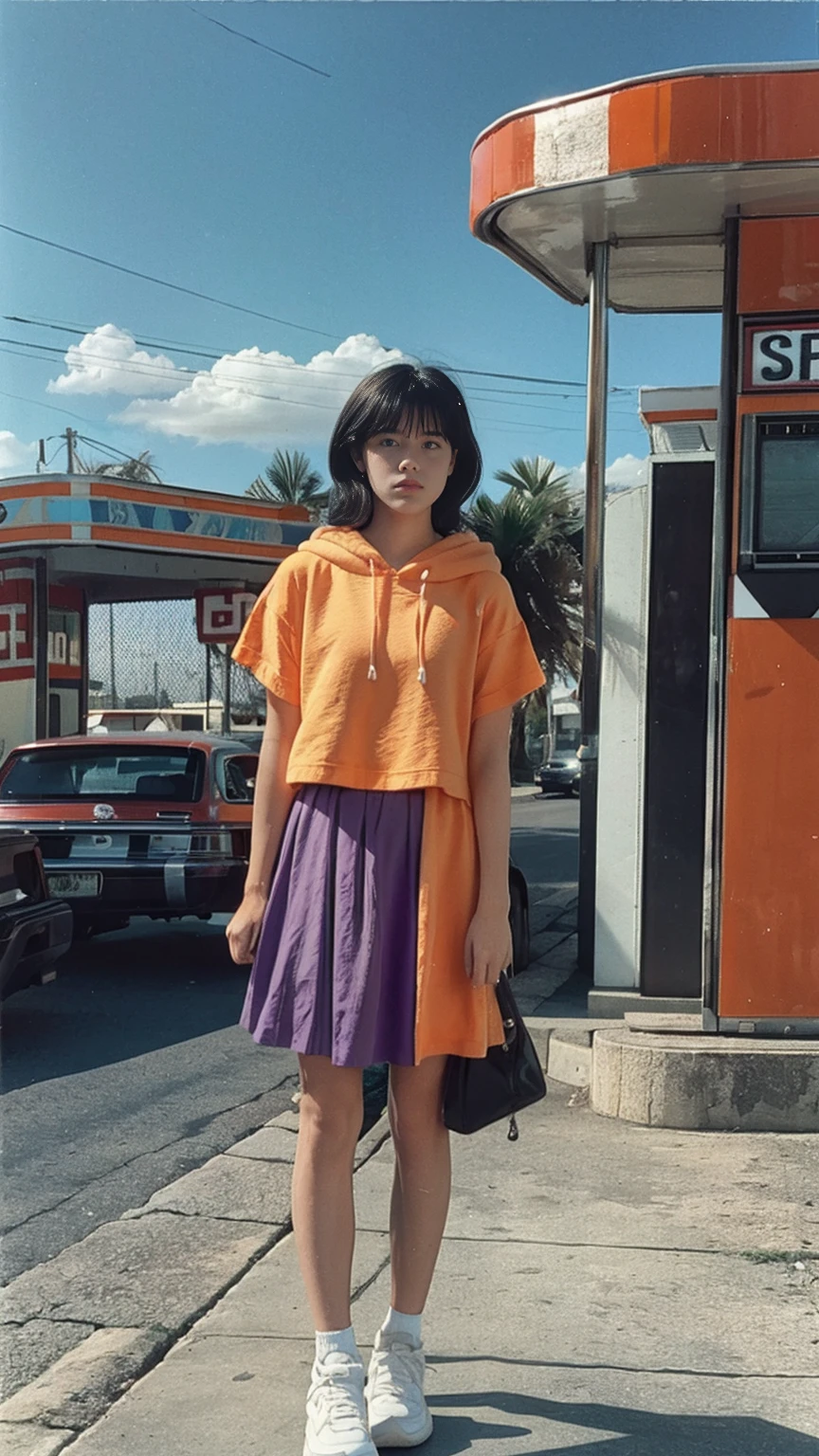 (medium long shot portrait) of cute 23 yo girl ,wear ((orange color oversized_hoodie)), wear ((purple tennis skirt)),looking front,Best Quality,Masterpiece,Ultra High Resolution,(Realisticity:1.4),Original Photo, 1Girl, light leak,ultra high resolution,UHD,beautiful, (black straight hair), almond eye, no makeup, in front of ((80's los angles colorful gas station)), (realistic:1.2), (surreal:1.3), (very detailed:1.1), ((masterpiece)),summer, blue sky, palm trees,sunny, los angles vibes,film camera, 800mm lens,style of Philip Lorca diCorcia