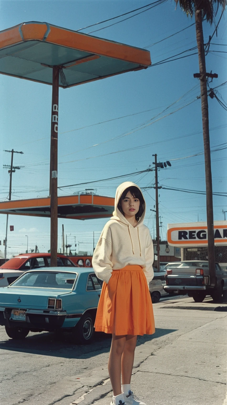 (medium long shot portrait) of cute 23 yo girl ,wear ((orange color oversized_hoodie)), wear ((purple tennis skirt)),looking front,Best Quality,Masterpiece,Ultra High Resolution,(Realisticity:1.4),Original Photo, 1Girl, light leak,ultra high resolution,UHD,beautiful, (black straight hair), almond eye, no makeup, in front of ((80's los angles colorful gas station)), (realistic:1.2), (surreal:1.3), (very detailed:1.1), ((masterpiece)),summer, blue sky, palm trees,sunny, los angles vibes,film camera, 800mm lens,style of Philip Lorca diCorcia