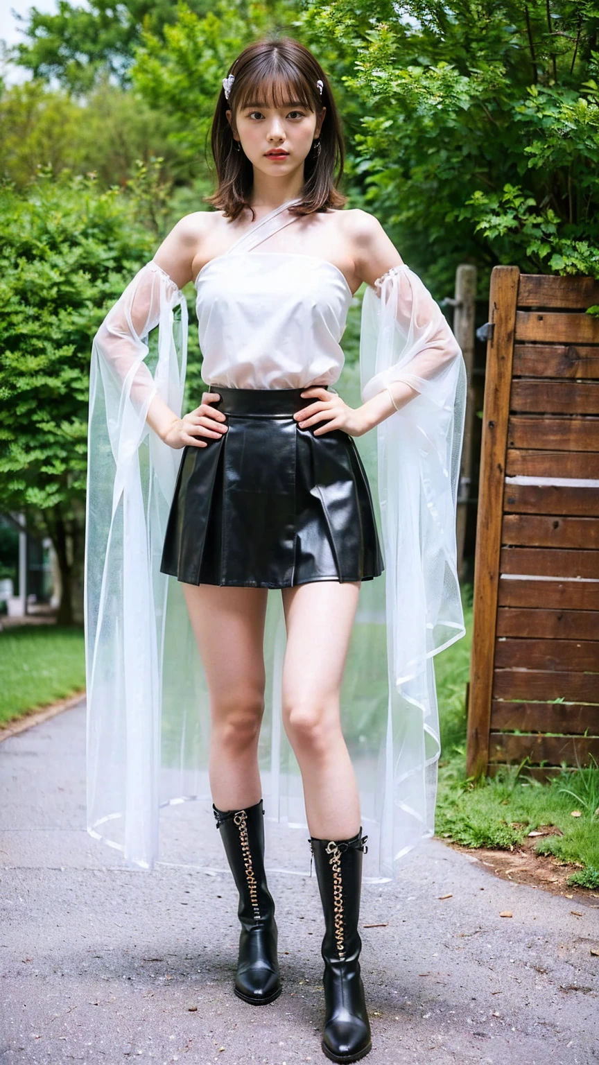 (8K、RAW Photos、Highest quality、masterpiece:1.2)、(Highest quality、Realistic)、1 Girl、((Tube top、mini skirt、Idol Costume、ribbon、Medium Hair、See-through、black、lame、Thin legs、whole body、boots、garden、View from the front、Looking into the camera、Stand with hands on hips))、cute
